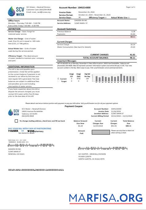Realistic USA California Santa Clarita SCV Water business utility bill template in Word and PDF formats